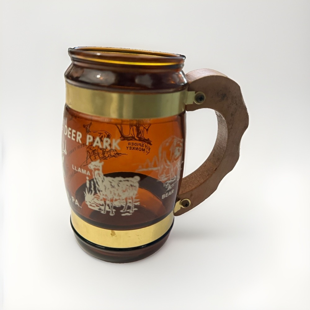 Vintage Pymatuning Deer Park PA Amber Souvenir Mug Wooden Handle